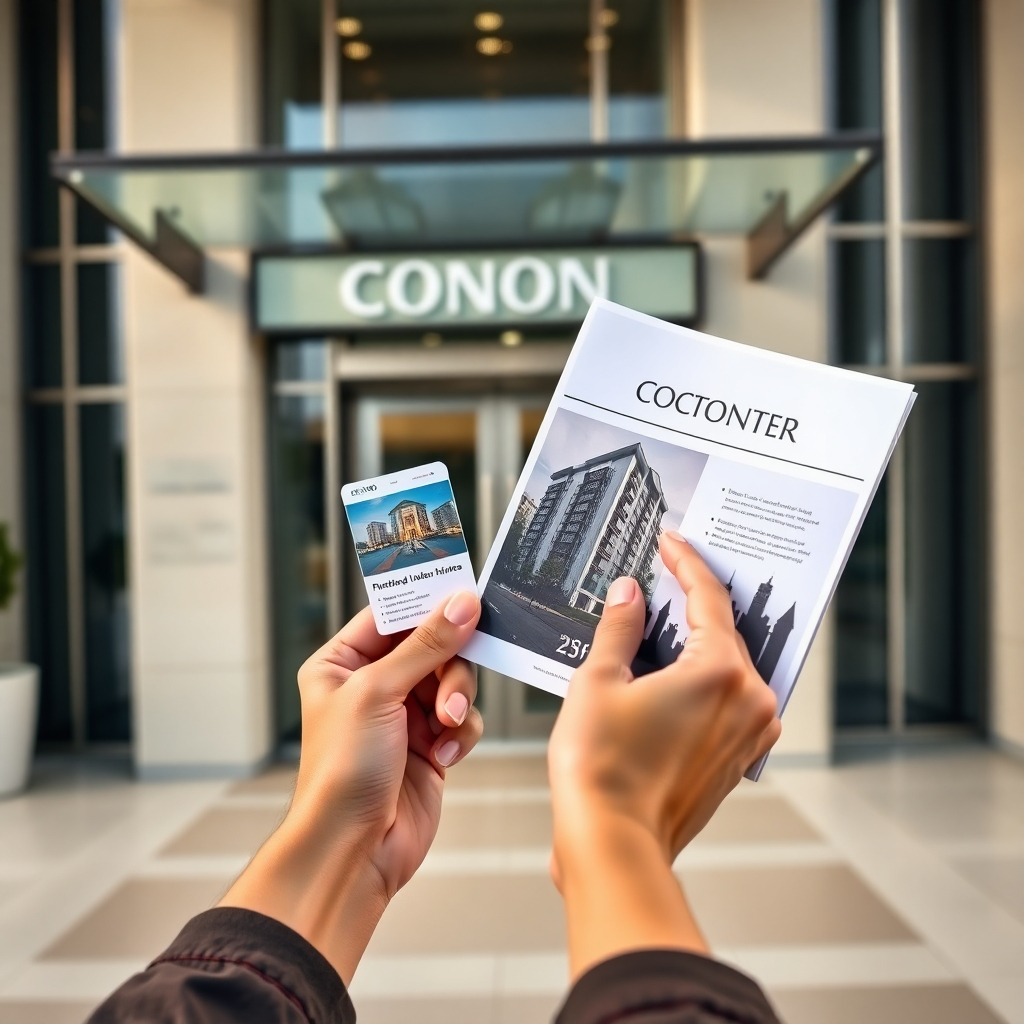 A close-up shot of a person's hands holding important documents, such as an ID card and a condominium brochure, near a sleek, modern condo building's entrance. The image should emphasize organization and preparation for viewing a condo unit.