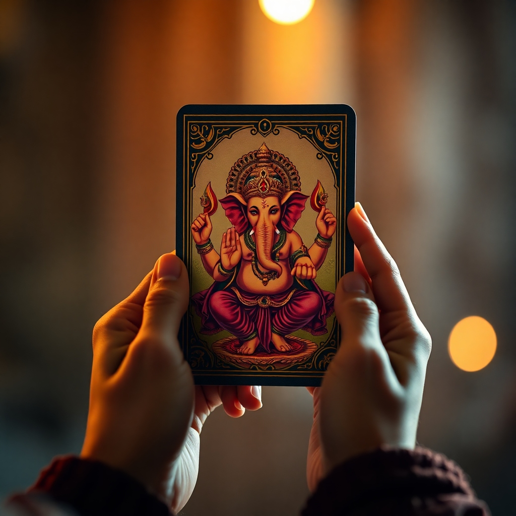 A close-up shot of a person's hands carefully holding and examining a Lord Ganesha oracle card. The card is richly illustrated with vibrant colors and intricate details, showcasing Lord Ganesha in a majestic pose. The background is softly blurred, focusing attention on the card and hands. The lighting is warm and inviting, creating a serene and mystical atmosphere. The overall mood is one of peace, focus, and spiritual exploration.