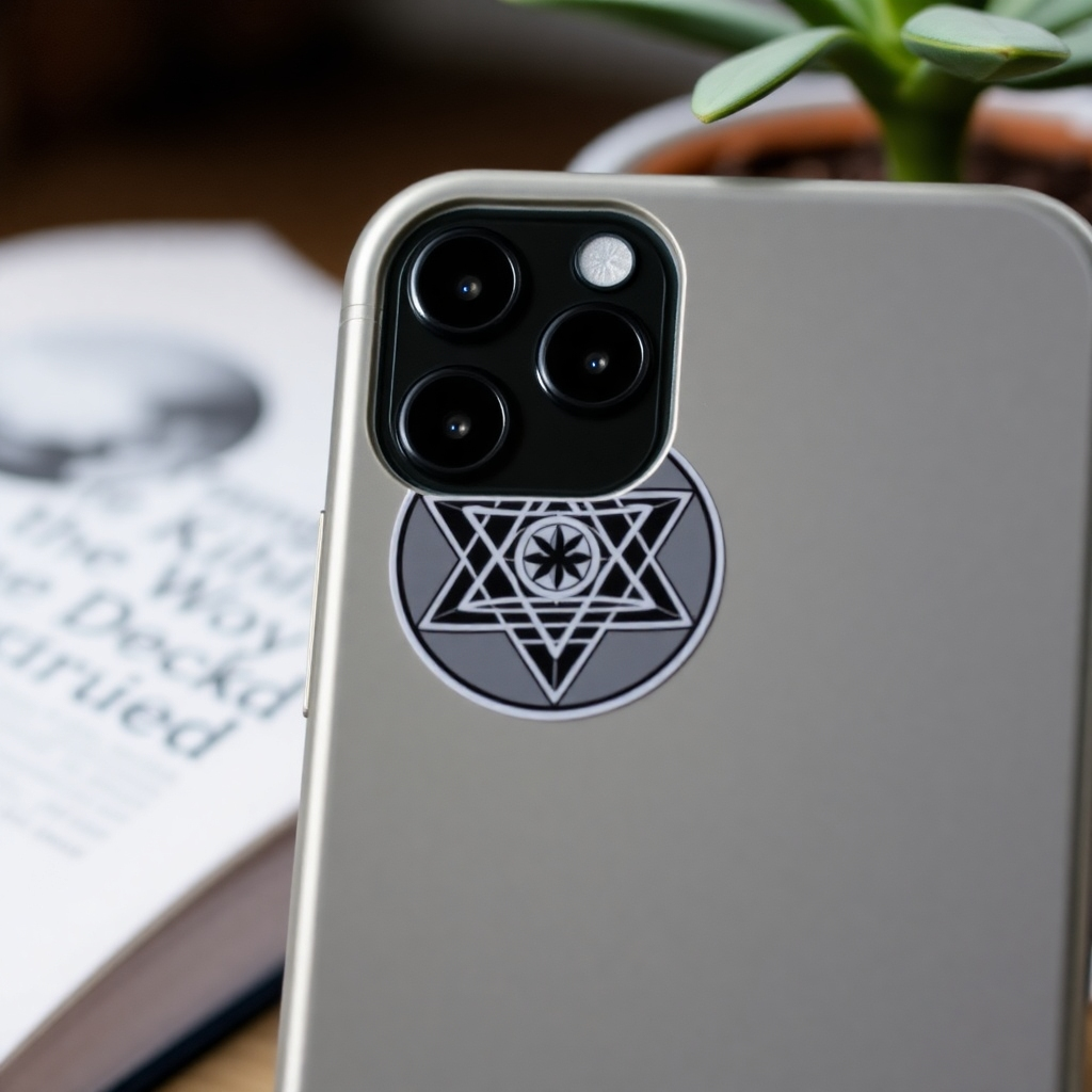 A close-up shot of a phone case with a 'yant' (sacred geometry design) sticker attached. The background is blurred, with only a few objects in focus, such as a book or plant. The image conveys a sense of personal spirituality and protection.