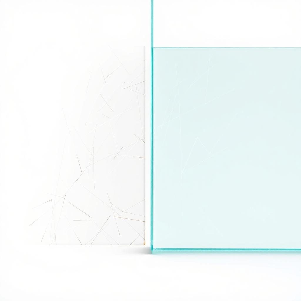 A close-up shot of a scratched acrylic sheet compared to a similarly scratched piece of glass.  Both sheets should show minimal damage, highlighting the acrylic's superior scratch resistance. The background should be a clean, neutral color like white or grey.  The lighting should be even and bright to showcase the details of the scratches.