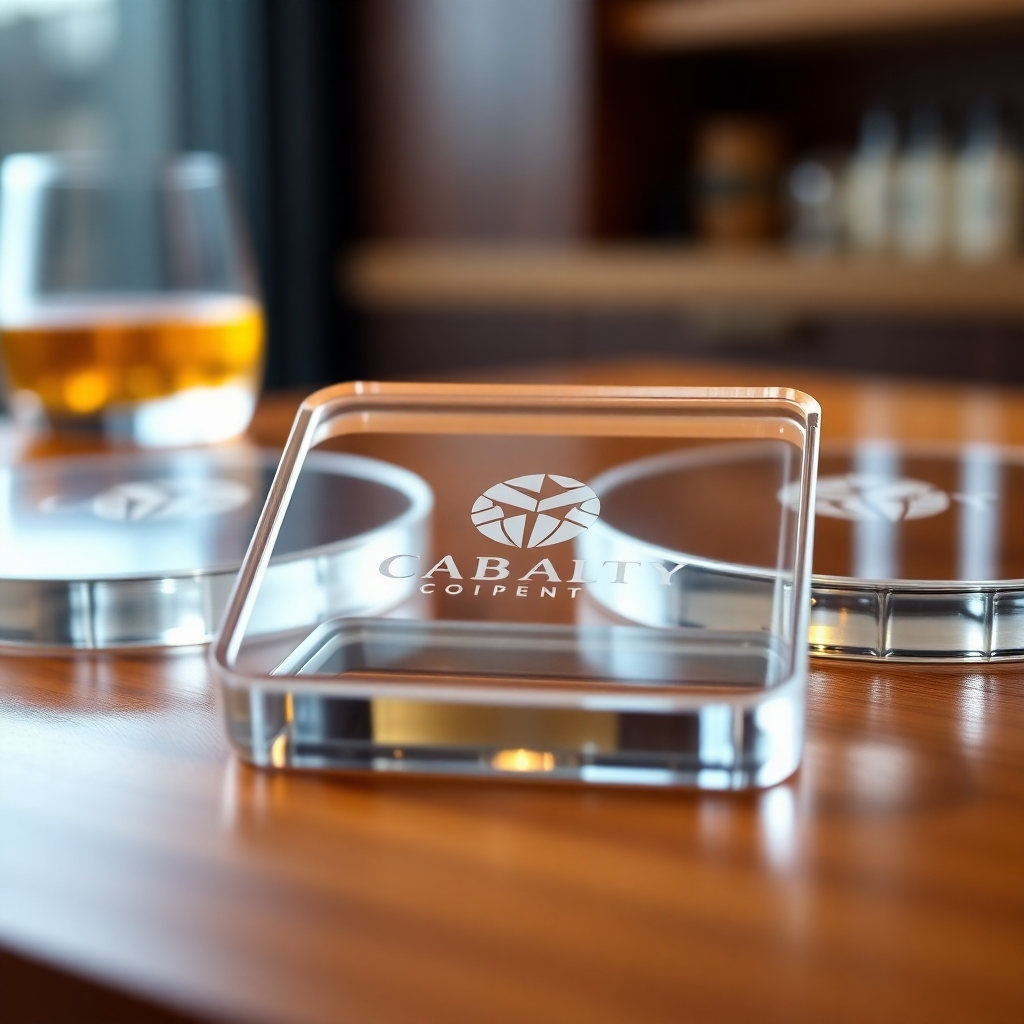 A close-up shot of a set of elegant acrylic coasters with a laser-etched company logo. The coasters should have a high-gloss finish and be arranged on a polished wood surface.  The background should be softly blurred, focusing attention on the coasters and their intricate detailing. The lighting should be soft and diffused, enhancing the rich colors and textures of the coasters.  The scene should convey a sense of luxury and sophistication.