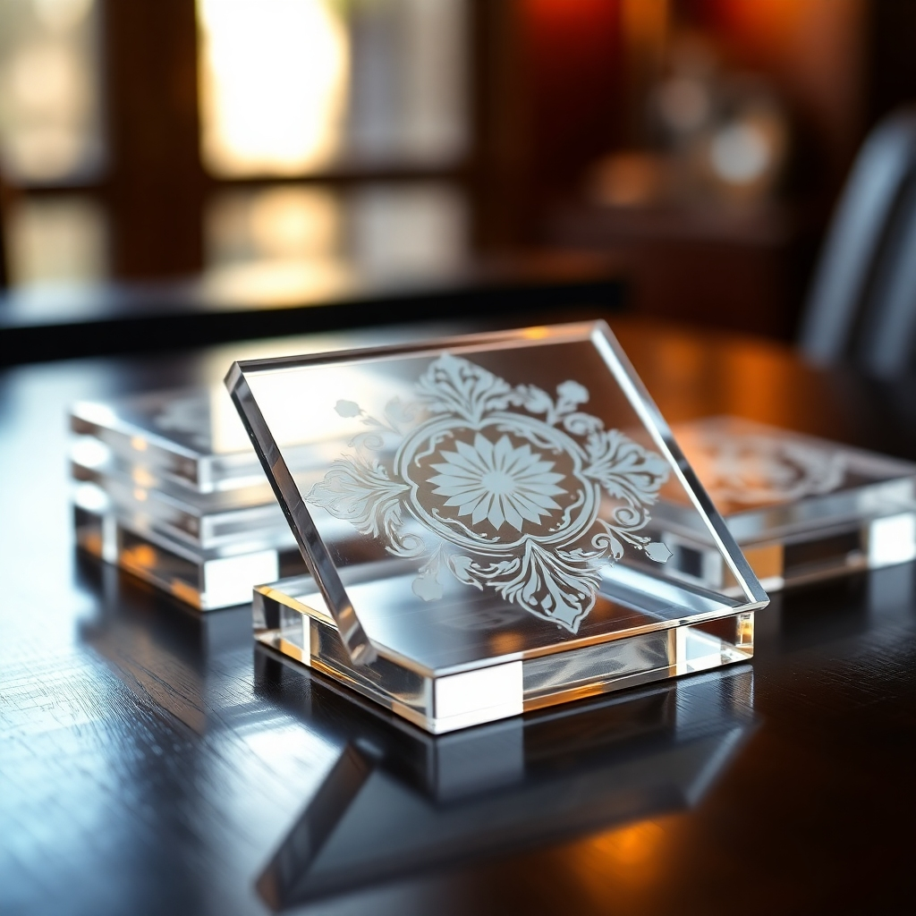 A close-up shot of a set of elegant acrylic coasters with intricate laser-etched designs. The coasters are arranged on a dark wooden table, showcasing their luxurious appearance and high-quality craftsmanship.  The background is blurred, focusing attention on the detail of the laser etching. The lighting should be soft and warm, highlighting the textures and depth of the engravings.  The coasters should be clear acrylic, allowing light to subtly pass through them.