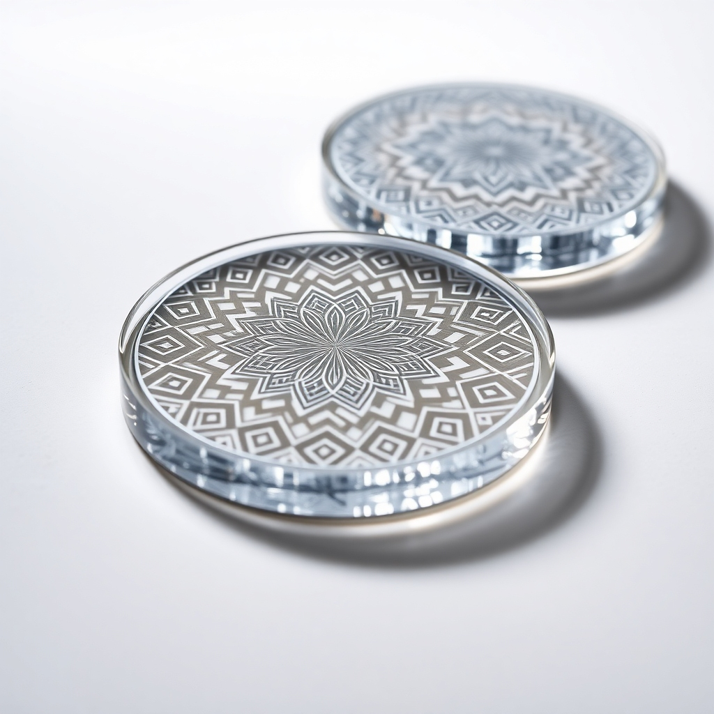 A close-up shot of a set of elegant acrylic coasters with a unique laser-etched design, showcasing high-quality craftsmanship and attention to detail. The background should be a minimalist, light-colored surface to highlight the coasters' intricate patterns and textures.  The image should be sharp, well-lit, and photorealistic, with a focus on showcasing the luxurious feel of the product.