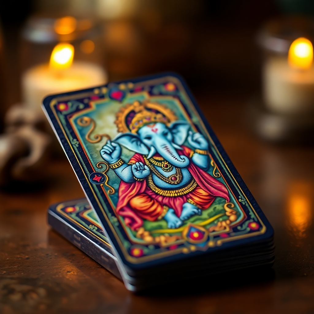 A close-up shot of a single oracle card from the 'Whispers of Lord Ganesha' deck, showcasing intricate details, vibrant colors, and a depiction of Lord Ganesha. The card should be well-lit, with a slight vignette to enhance the focus. The background should be subtly blurred, and the image should have a high resolution and photorealistic quality.