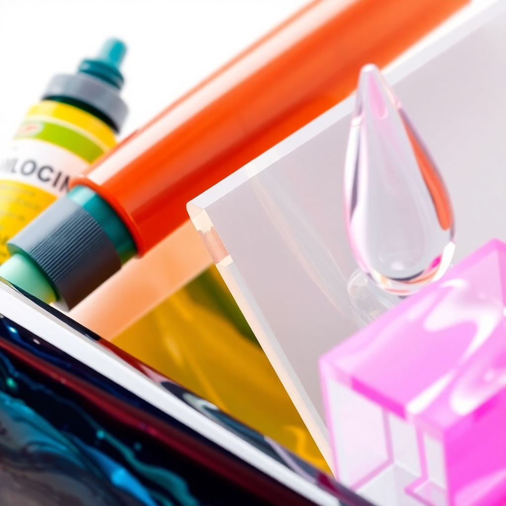 A close-up shot of a variety of acrylic products, showcasing their diverse textures and colors. Include items like acrylic paint tubes, a polished acrylic sheet, and an acrylic sculpture.  The background should be clean and white, focusing attention on the products. The lighting should be bright and even, highlighting the glossy surfaces of the acrylic materials.