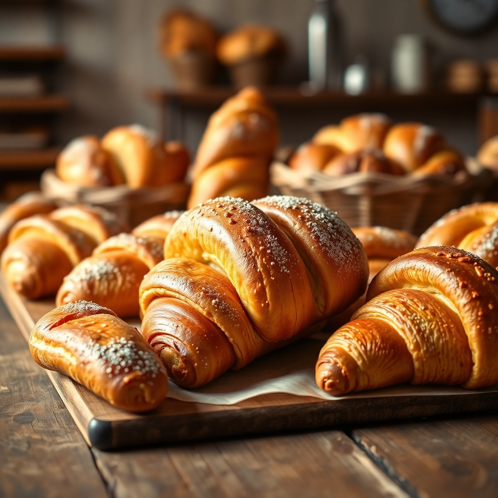 A close-up shot of a variety of freshly baked breads, croissants, and pastries arranged on a rustic wooden table, with warm, inviting lighting and a shallow depth of field.  The image should emphasize the golden-brown crusts and fluffy textures.  High-quality, photorealistic style.
