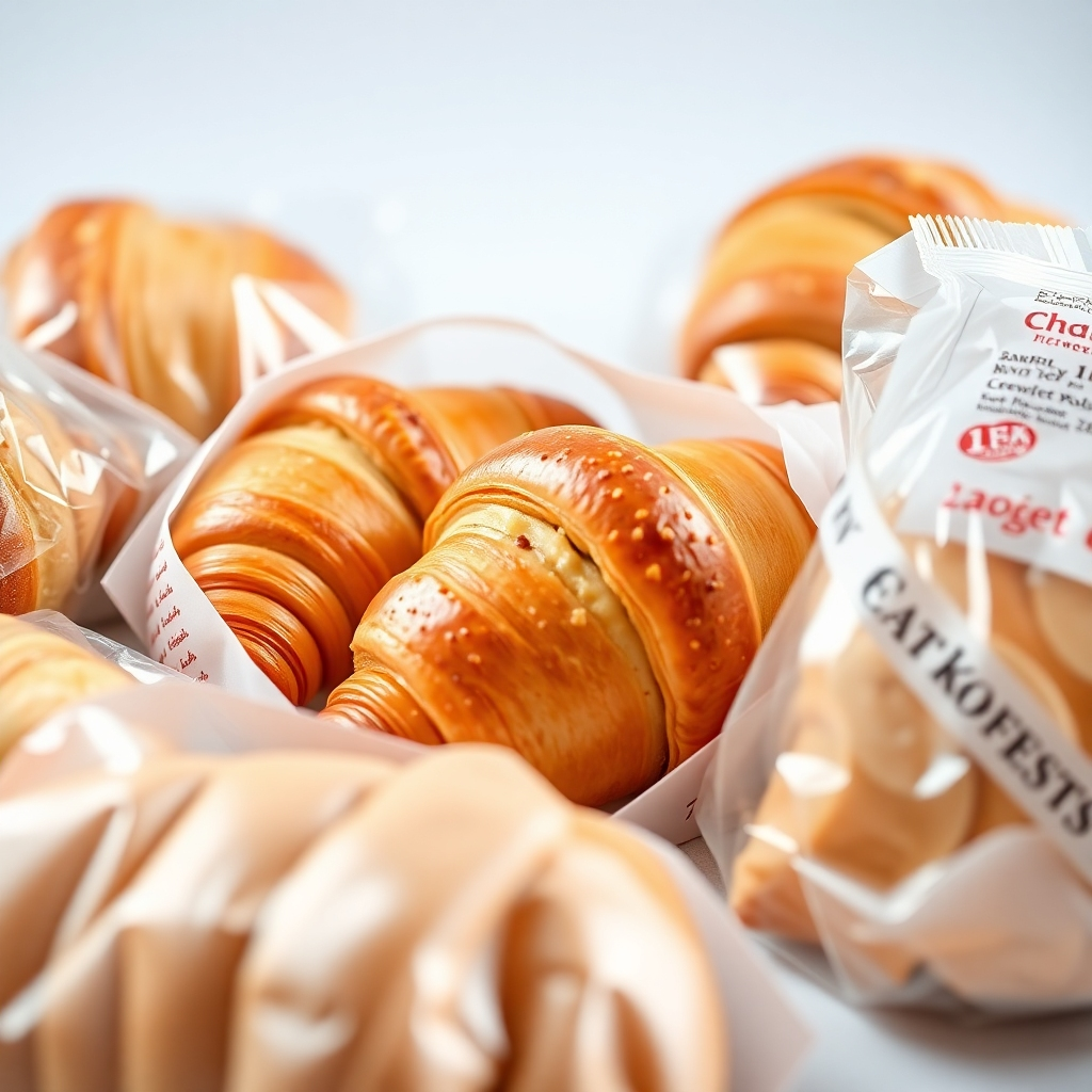 A close-up shot of a variety of frozen pastries, such as croissants and bread, still in their packaging, showcasing their freshness and quality.  The background should be clean and white, with subtle lighting to highlight the details of the pastries. The image should evoke a feeling of freshness and high quality.