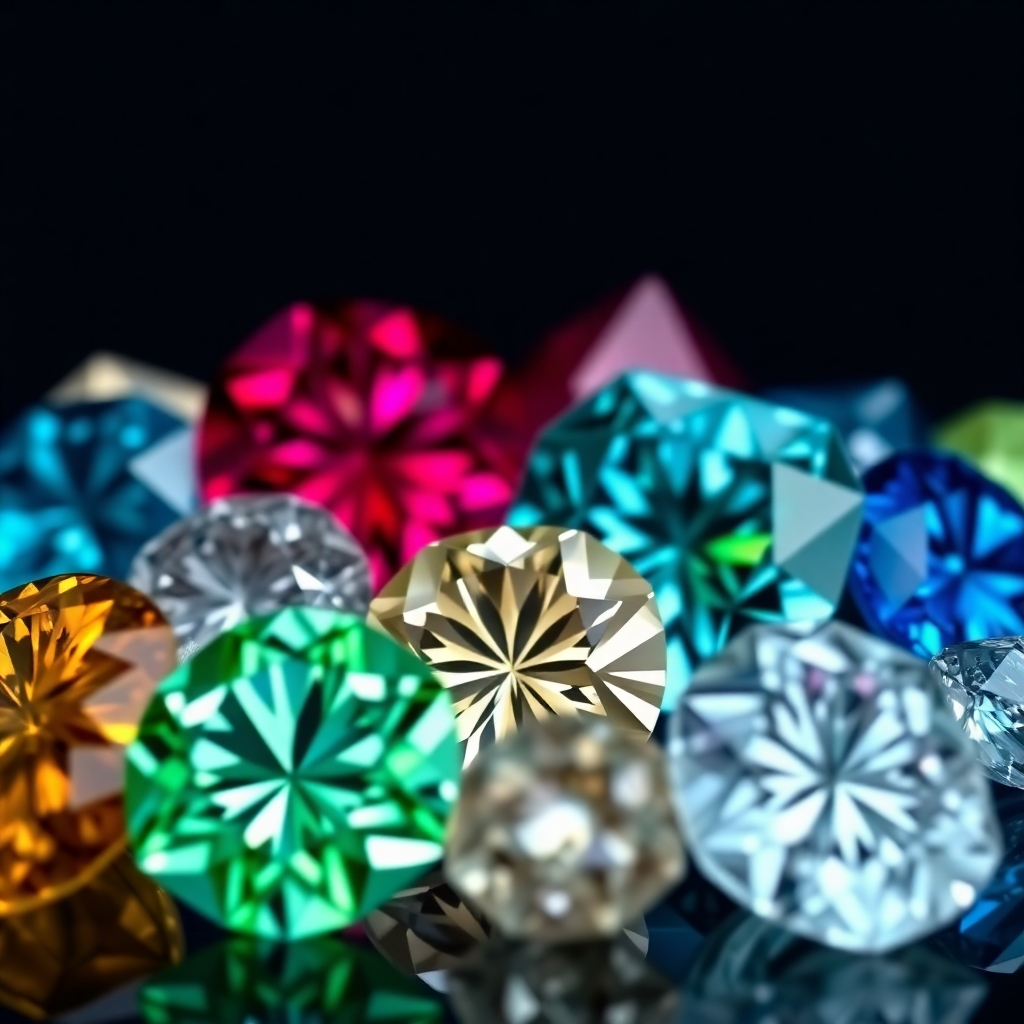 A close-up shot of a variety of high-quality gemstones, each displayed in a way that emphasizes its unique color, clarity, and cut.  The background could be simple or dark to highlight the gemstones.  The lighting should showcase the gemstone's brilliance. The camera angle should be close-up to reveal all detail. The style should be elegant. Technical specs: 4K resolution, photorealistic style.