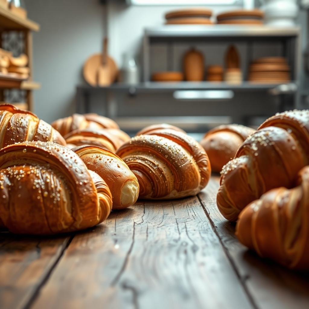 A close-up shot of a variety of freshly baked breads and pastries, including croissants and loaves of bread, with condensation showing their freshness, arranged on a rustic wooden table with a blurred background of a modern bakery kitchen.  The lighting should be bright and natural.  Focus on textures and details.  Style: Photorealistic
