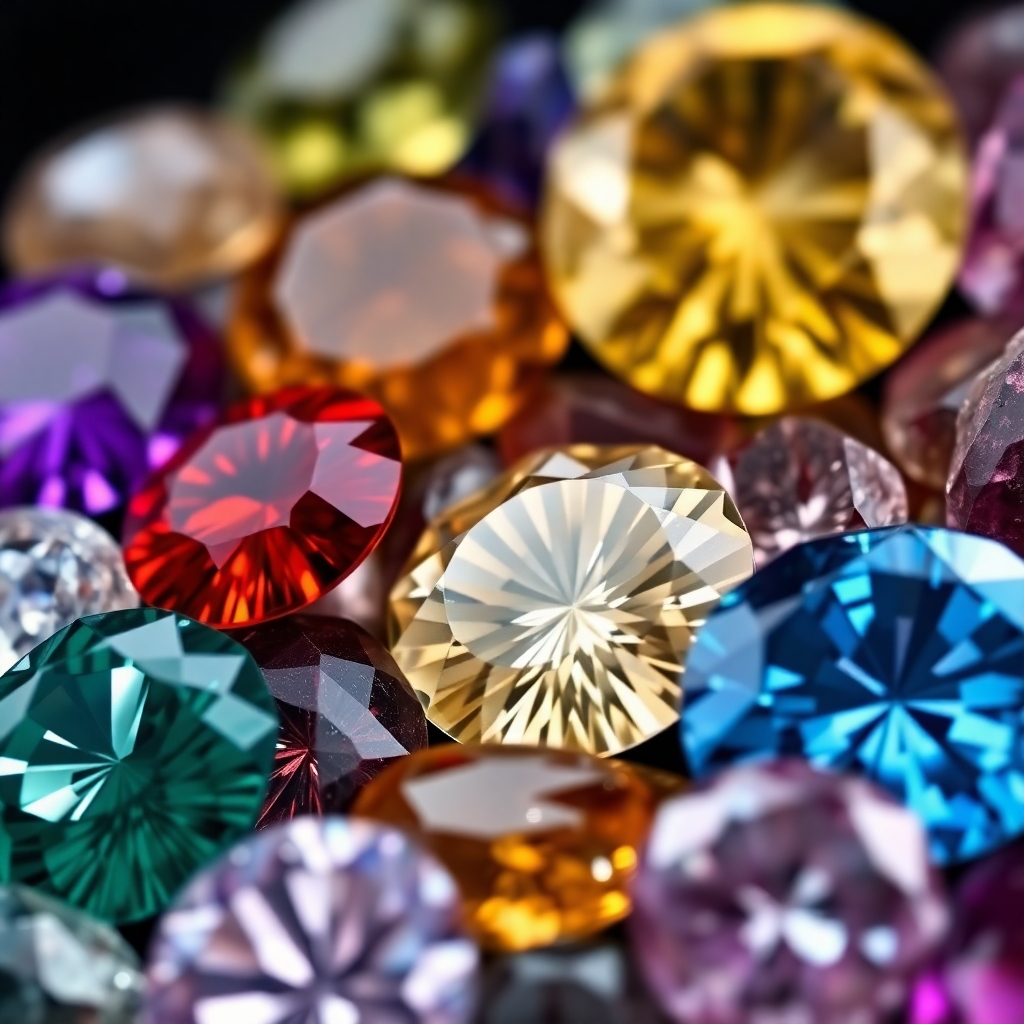 A close-up shot of a variety of high-quality gemstones, emphasizing their texture, color, and clarity. This could be a collection of different gemstones with a dark background.  The lighting should be spot lighting to highlight the gemstones.  The camera angle should be very close-up.  The style should be professional and elegant. The color palette should be diverse and vibrant. Technical specs: 4K resolution, photorealistic style.