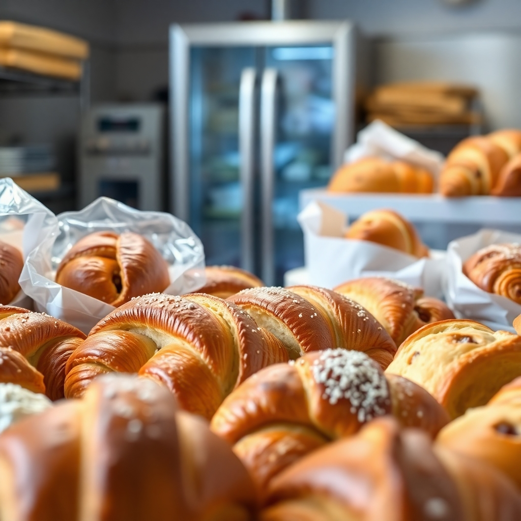 A close-up shot of a variety of freshly baked breads and croissants, some still in their packaging, with emphasis on the texture and quality of the food.  The background should be a clean, modern kitchen setting with professional-grade freezer equipment subtly visible. High-resolution, photorealistic image with sharp details and vibrant colors.