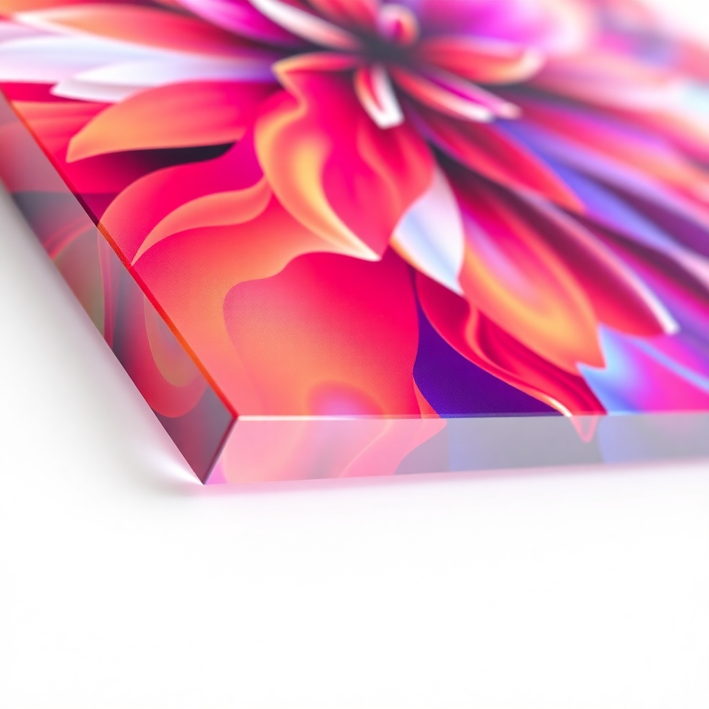 A close-up shot of a vibrant, photorealistic digital art print on an acrylic surface.  The image should showcase exceptional detail, sharp lines, and rich, saturated colors. The acrylic surface should have a slight gloss, reflecting light subtly. The background should be a simple, clean white, allowing the print to stand out. The style should be photorealistic, highly detailed, and sharp.