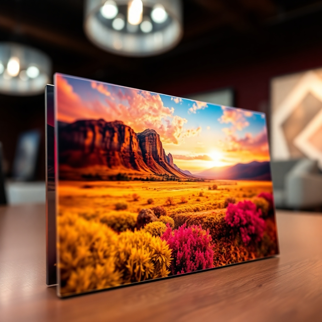 A close-up shot of a vibrant, photorealistic digital art print on acrylic. The image should showcase the intense colors and sharp details, highlighting the UV printing technology. The background should be blurred to focus attention on the print's texture and color vibrancy.  The print could depict a landscape or a still life with rich, saturated tones.
