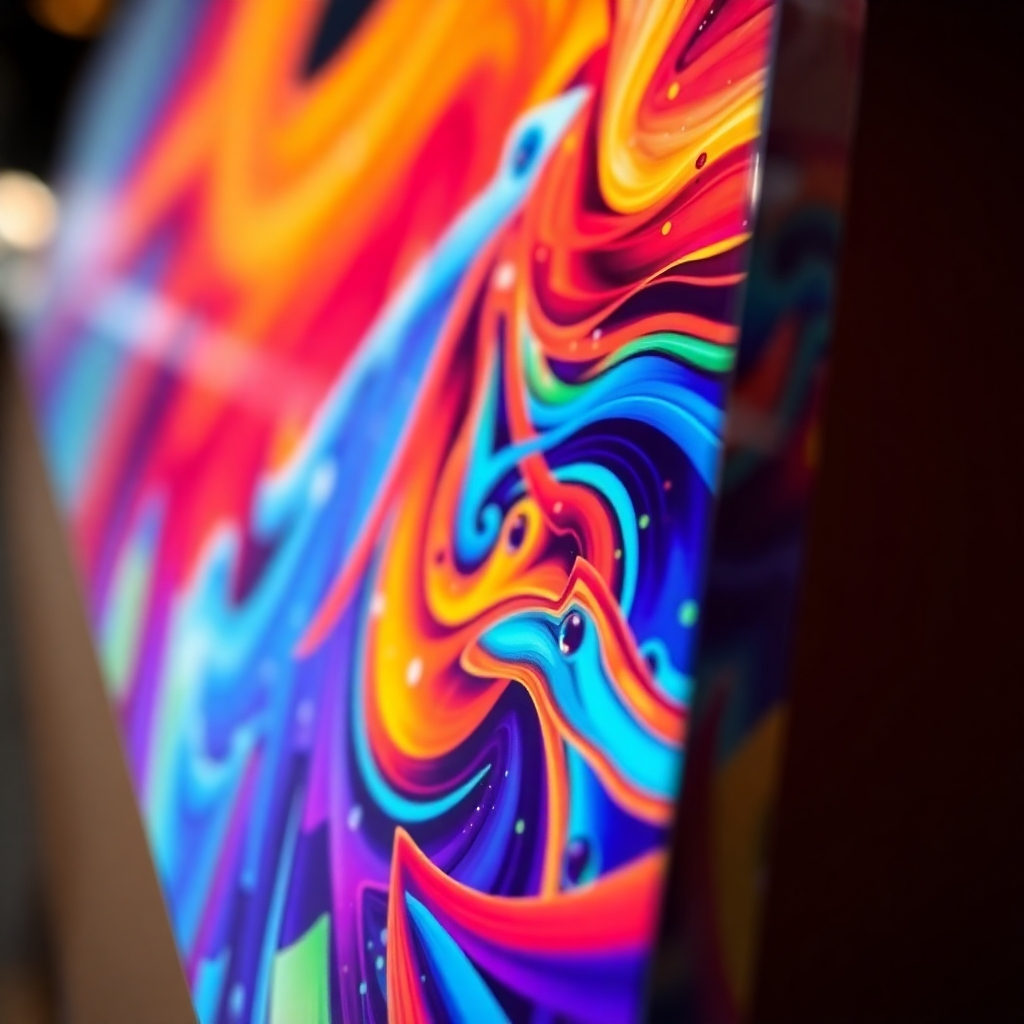 A close-up shot of a vibrant digital art print on an acrylic panel, showcasing the sharp details and rich colors achieved through UV printing technology. The image should highlight the glossy finish and intense saturation of the colors.  The background should be blurred and out of focus to emphasize the print's quality.