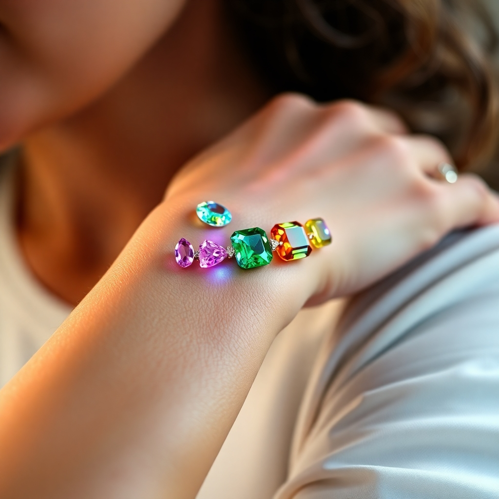 A close-up shot of a woman's wrist adorned with a vibrant crystal bracelet. The bracelet features various gemstones, each radiating a different color, specifically focusing on the seven colors of the rainbow. The background is blurred, emphasizing the bracelet's beauty.  The lighting is soft and natural, highlighting the gemstones' brilliance and transparency. The overall mood is positive and uplifting, emphasizing the bracelet's energy and positive impact.