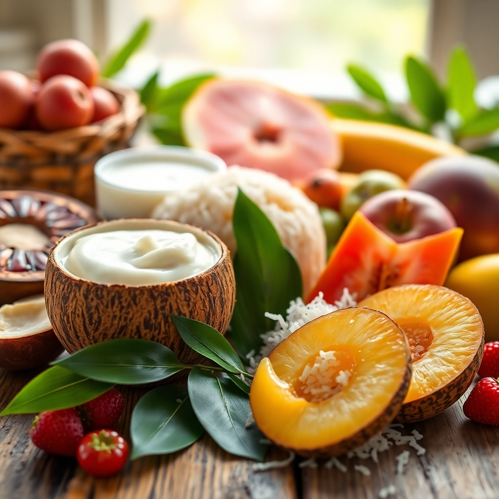 A close-up shot of fresh, high-quality ingredients used in Thai desserts, such as coconut milk, sticky rice, various colorful fruits, and fragrant pandan leaves, arranged artistically on a rustic wooden table, illuminated by natural light. The focus should be on the vibrant colors and textures of the ingredients.