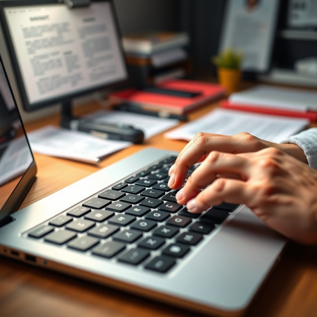 A close-up shot of hands typing on a laptop keyboard, with a blurred background showing a well-organized desk with several drafts of blog posts visible.  Focus on the hands and keyboard, emphasizing the meticulous and focused effort involved in content creation. The overall mood should be one of diligent work and productivity. Photorealistic style, highly detailed.