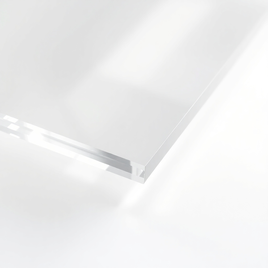 A close-up shot of high-quality acrylic sheets with a gleaming, polished surface.  The sheets should be stacked neatly, showcasing their thickness and clarity.  The background should be a clean, bright white, emphasizing the product's pristine condition.  The lighting should be professional and highlight the superior quality of the acrylic.  The image should evoke a sense of luxury and precision.