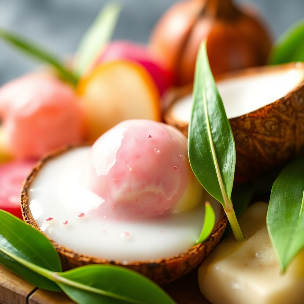 A close-up shot of high-quality ingredients used in traditional Thai desserts, such as fresh coconut milk, fragrant pandan leaves, and colorful natural food coloring.  The image should be bright, vibrant, and emphasize the freshness and natural beauty of the ingredients.  High resolution, photorealistic style.