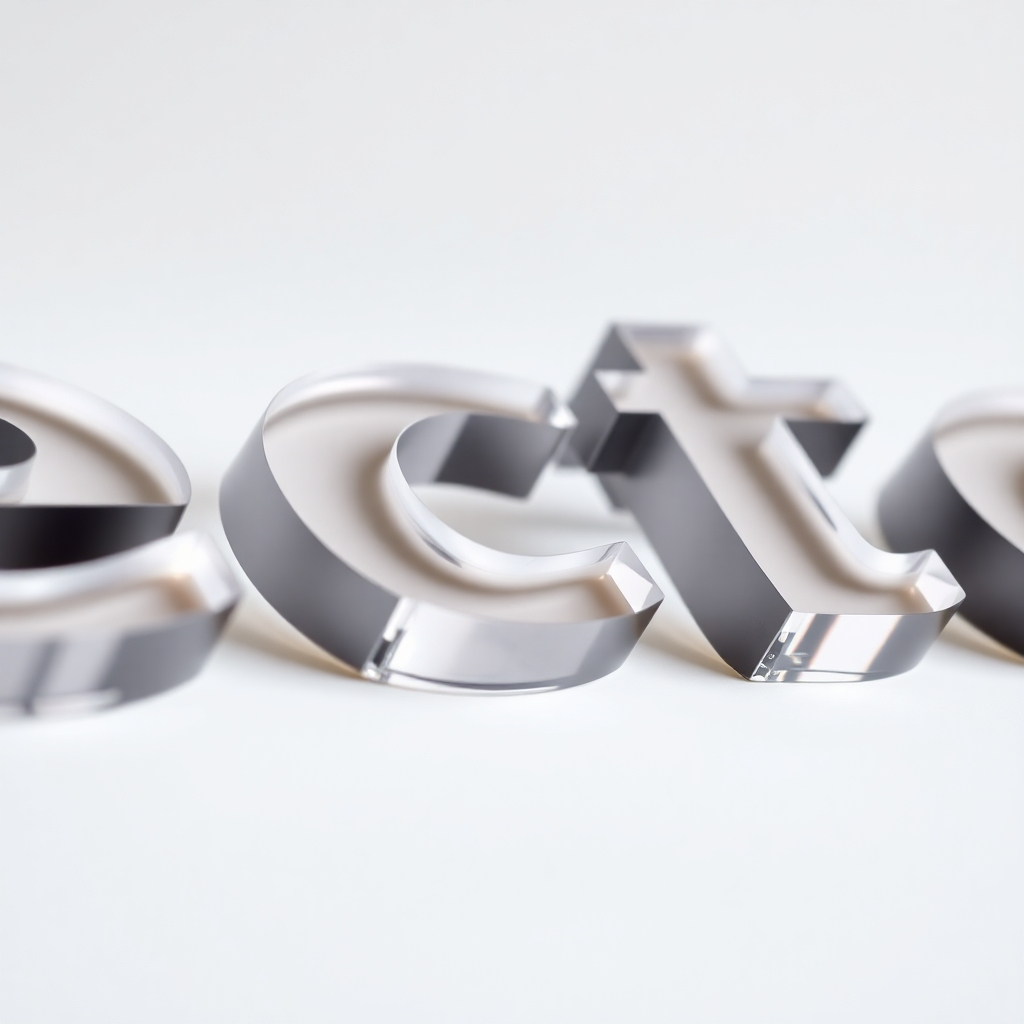 A close-up shot of precisely cut acrylic letters and shapes, showcasing the clean edges and sharp details.  The acrylic should be clear or a translucent color, allowing light to pass through and highlight the precision of the cuts. The background should be a simple, neutral color to emphasize the quality of the cut acrylic. Depth of field should be shallow to highlight the sharp edges.