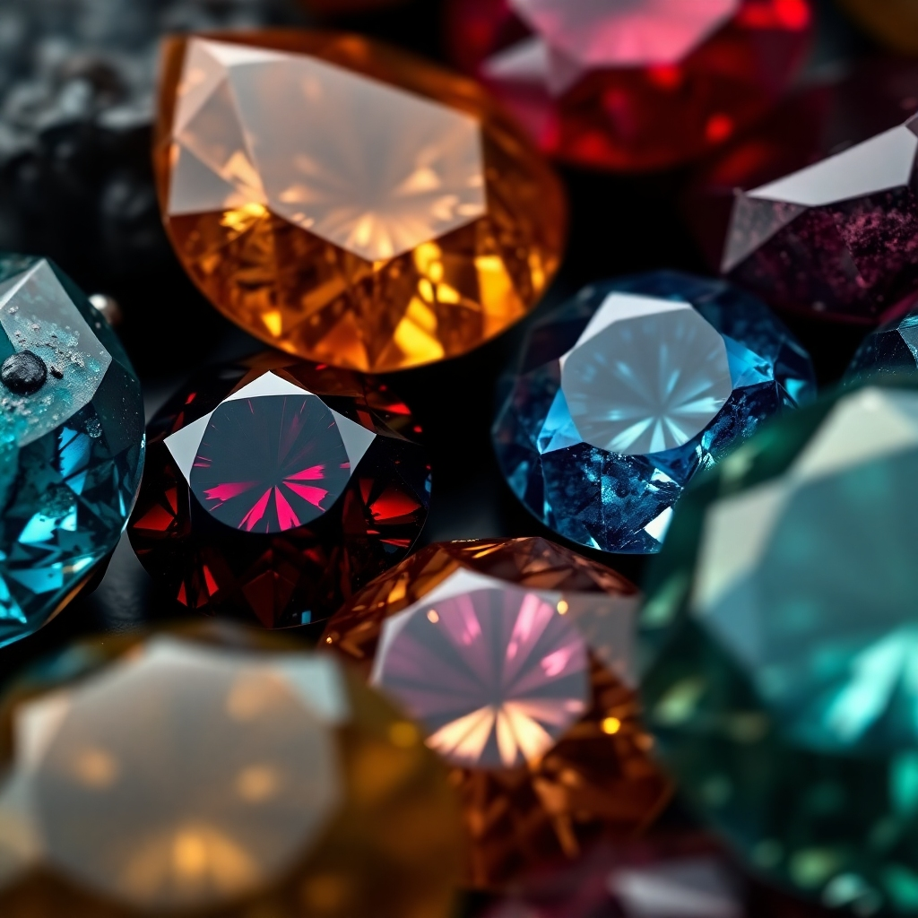 A close-up shot of various gemstones, each one uniquely lit to highlight their individual textures and colors, showing the natural beauty and rich variations of each gem. The background should be dark and moody. The lighting should be dramatic.  The camera angle should be close-up, showing every detail. Style references could include high-end jewelry photography.  The color palette should be rich and vibrant. Technical specs: 4K resolution, photorealistic style.