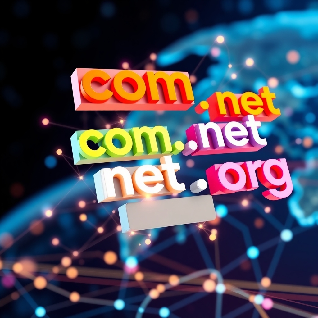 A collage of different domain name extensions (.com, .net, .org, etc.) floating in the air, connected by a network of glowing lines. The background features a stylized representation of the internet, emphasizing the global reach of domain names. The color palette is bright and diverse, reflecting the variety of domain name options.