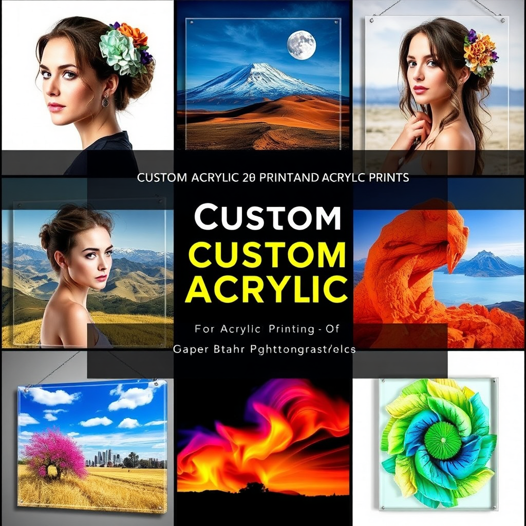 A collage of various custom acrylic prints showcasing different subjects and styles - portraits, landscapes, abstract designs. The images are bright and colorful, highlighting the versatility of acrylic printing. Style: Commercial photography.