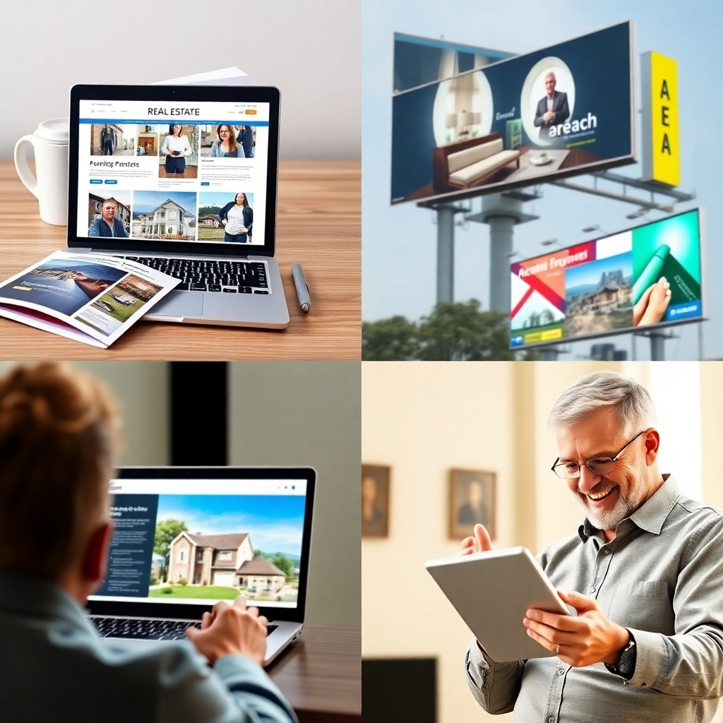 A collage showcasing various marketing channels: a laptop displaying a real estate website, a printed brochure, social media posts, billboards, and a satisfied client viewing a property on a tablet. Photorealistic image, bright and vibrant colors, emphasizing reach and effectiveness.