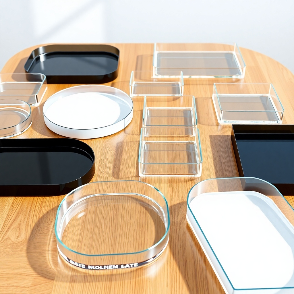 A collection of acrylic trays in various shapes (round, square, rectangular) and colors (clear, black, white, etc.) arranged aesthetically on a wooden table.  The scene should be brightly lit, highlighting the variety of designs and colors.  High-resolution, photorealistic, detailed textures, 8k