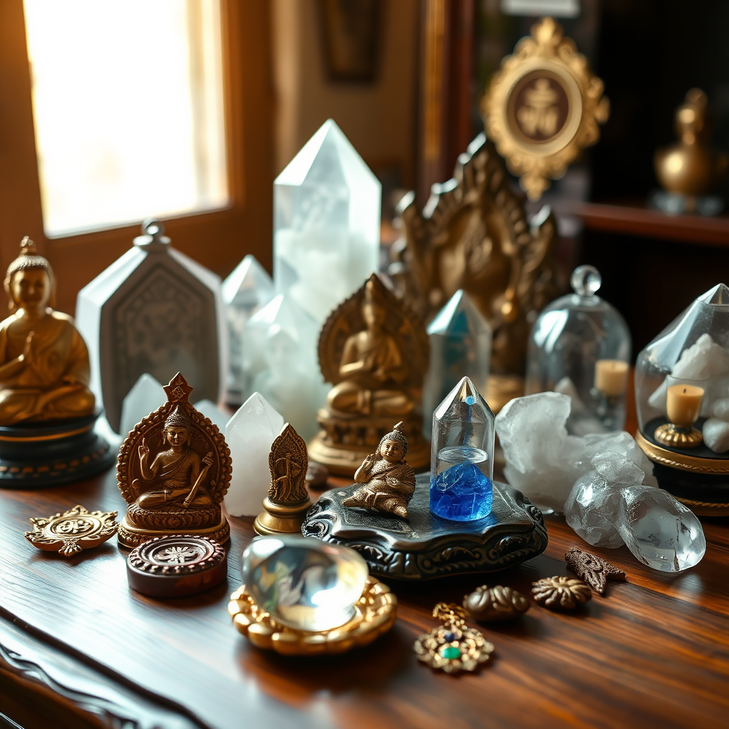 A collection of auspicious Thai amulets, crystals, and other lucky charms arranged on a wooden table. The light is soft and golden, highlighting the details of each object. Style: photorealistic, with a focus on texture and detail.