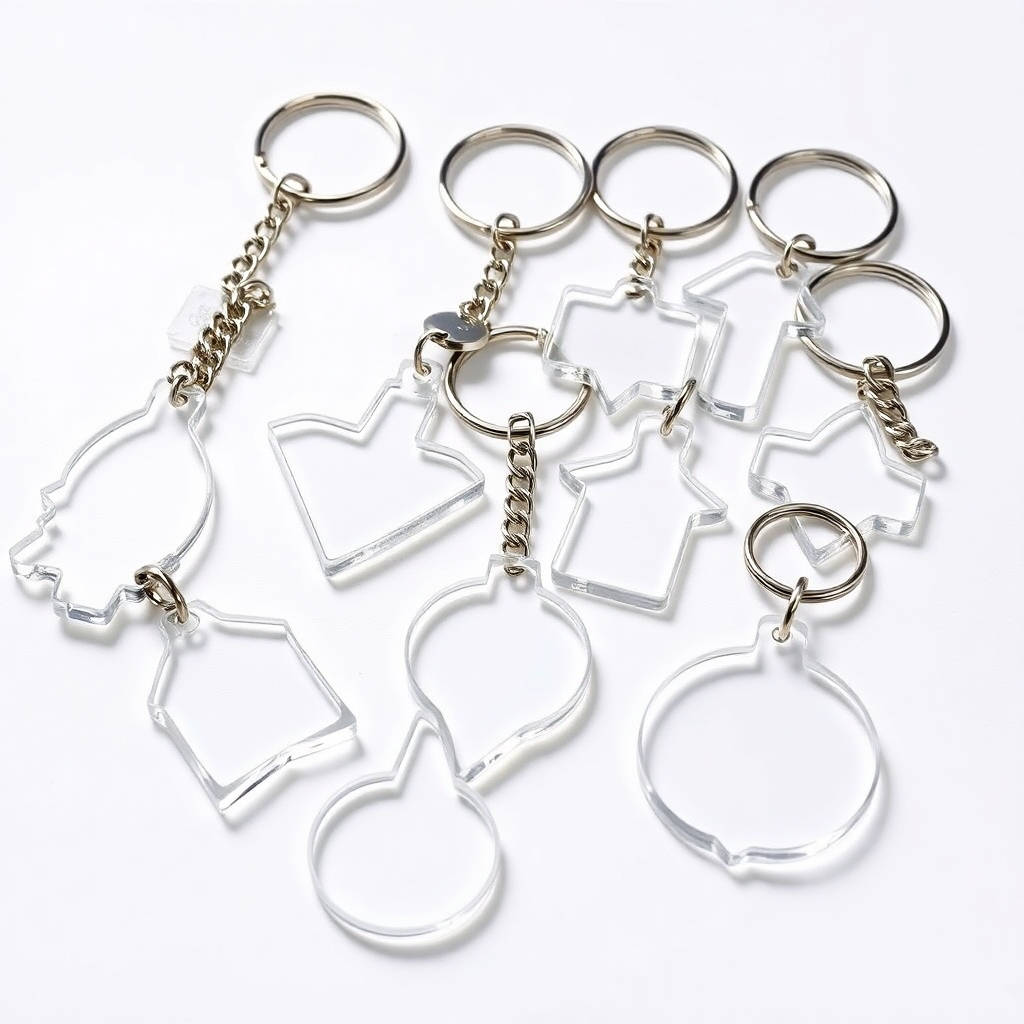 A collection of uniquely shaped acrylic keychains, precisely cut with a laser cutter.  Showcase the clean, smooth edges of each keychain, highlighting the precision of laser cutting.  The keychains should have various shapes and sizes, demonstrating the versatility of this method. Use a white background to highlight the shapes and details.