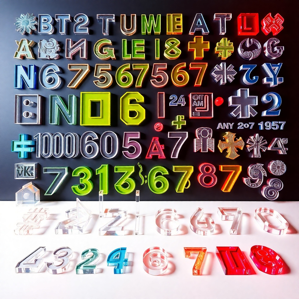 A collection of various acrylic shapes and letters cut with a laser, showcasing a wide variety of designs. Include letters from different alphabets (Thai and English), numbers, and various symbols.  The acrylic pieces should be in a variety of colors and thicknesses, arranged aesthetically on a clean surface. The lighting should be bright and even to highlight the colors and details of each piece.