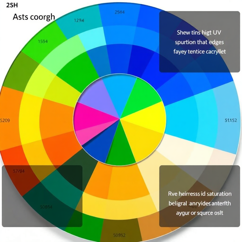 A color wheel with the UV printing process represented. Focus on showcasing the vividness and saturation of the different colors that can be printed on acrylic material. Style: Infographic presentation.