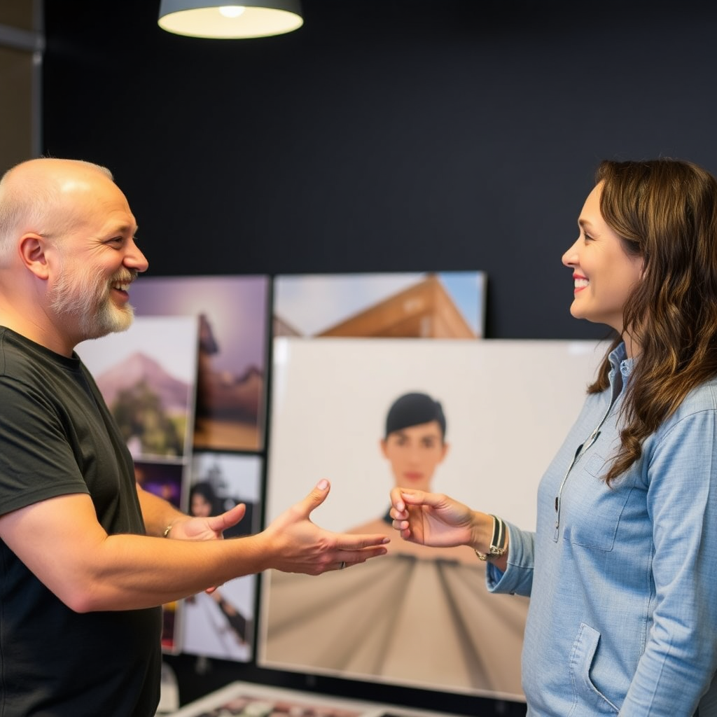 A customer interacting with a 9kla representative, discussing their custom acrylic print project. The scene shows a friendly and collaborative environment. The background includes various acrylic print samples. Style: Lifestyle photography.