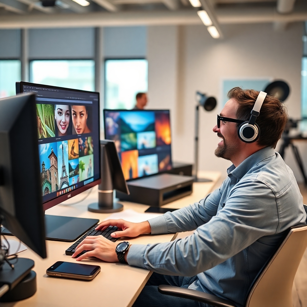 A customer is sitting at a computer, looking at a high-resolution image on a large monitor.  The screen displays a variety of vibrant digital art pieces, and the customer is smiling and interacting with a friendly graphic designer who is sitting beside them, offering design advice and suggestions.  The scene is set in a bright, modern office with professional equipment.