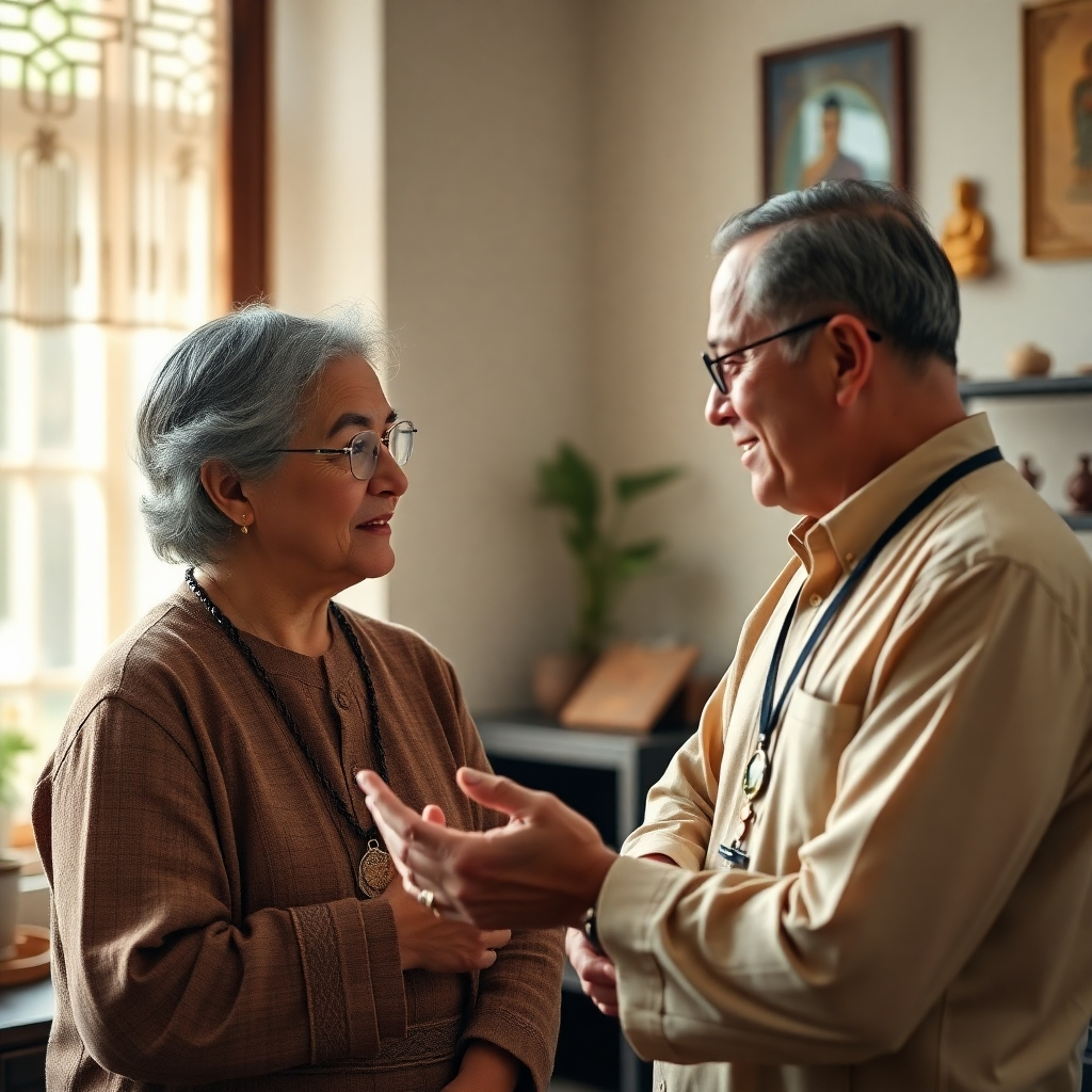 A customer receiving personalized consultation on amulet selection. The expert is explaining the properties and benefits of different amulets while the customer listens intently. Soft, natural light fills the room, enhancing the warm and welcoming atmosphere. Focus on capturing the trust and expertise in the consultant's expression. The style is realistic and professional, emphasizing the quality of service offered. 4K resolution.