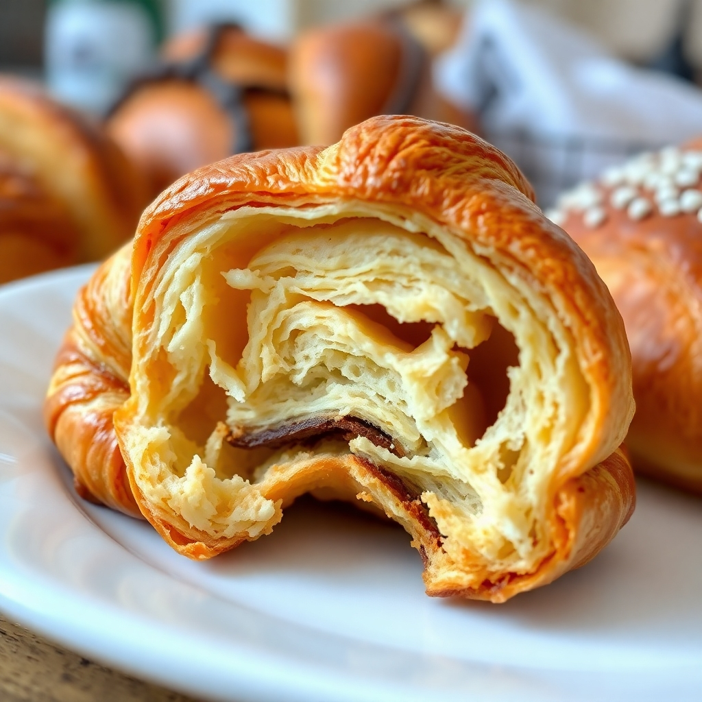 A delectable close-up shot of a half-eaten croissant with layers of flaky pastry visible, slightly warm and with a visibly delicious interior.  The croissant should be presented on a white plate, with a background featuring blurred images of other pastries, such as pain au chocolat and bread rolls.  Style: Photorealistic