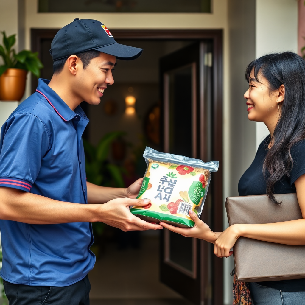 A delivery person handing a package of 'ปลาส้ม ปลาร้า วันทนีย์' products to a customer at their doorstep. Show the package clearly labeled and sealed. The background should be a typical Thai home. Emphasize the convenience of online ordering and delivery. 4K resolution.