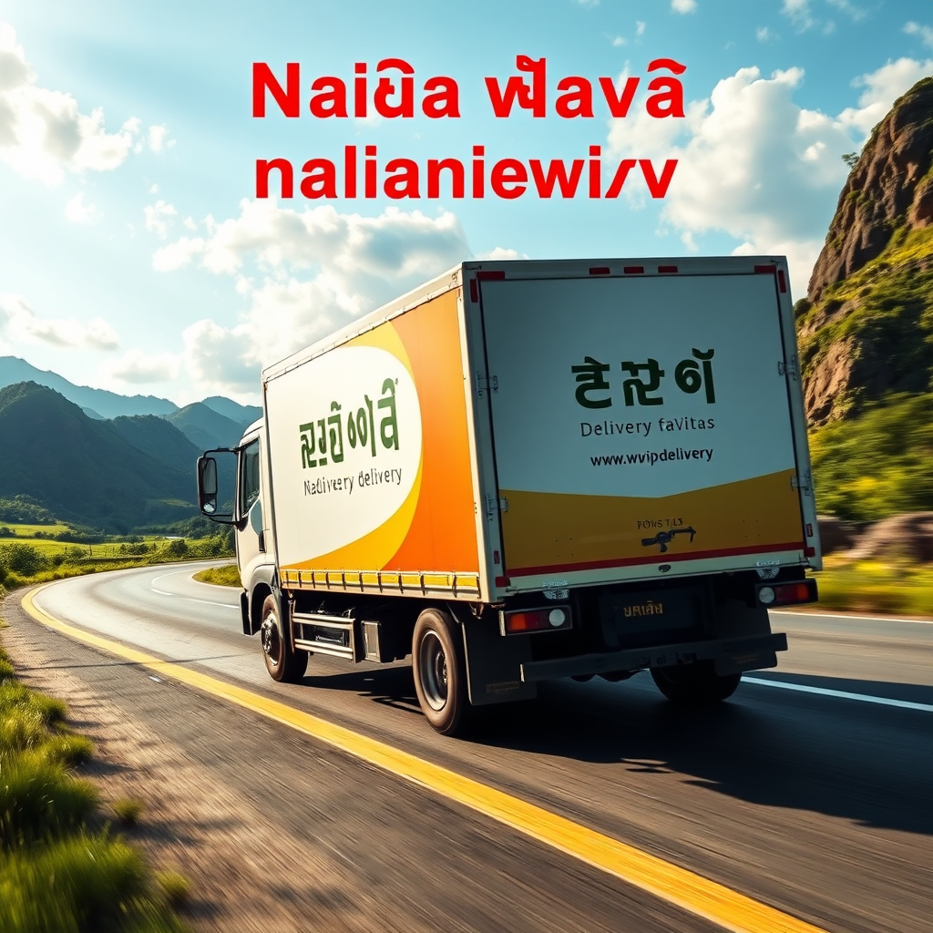 A delivery truck with the 'ปลาส้ม ปลาร้า วันทนีย์' logo on the side, driving through a scenic Thai landscape. Emphasize the nationwide delivery service. Use bright, sunny lighting. 4K resolution.
