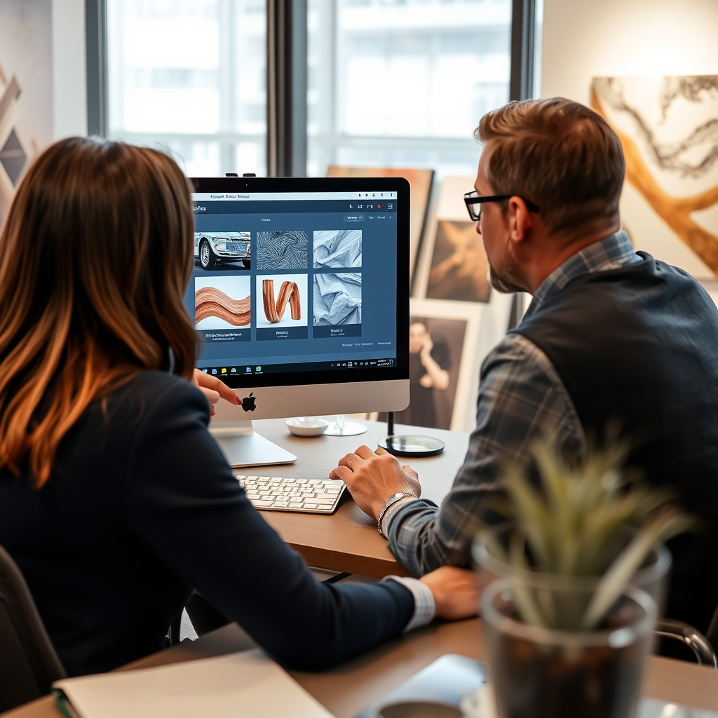 A design consultant working with a client, reviewing design options for an acrylic print on a computer screen. The environment is a modern office space with samples of acrylic prints displayed. Style: Professional workplace photography.
