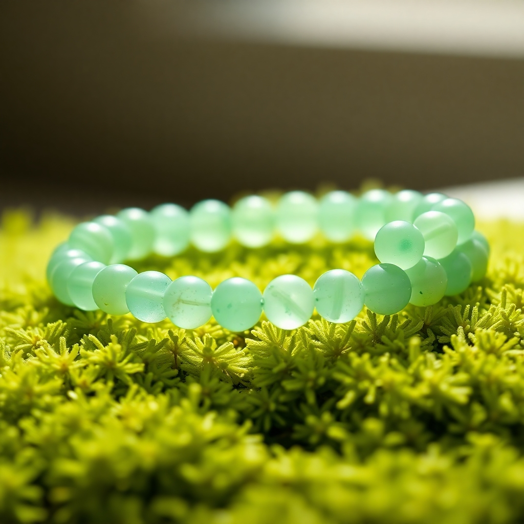 A detailed, photorealistic close-up of an elegant bracelet composed of light green aventurine beads. The bracelet is presented on a bed of soft green moss, with soft, natural light highlighting the calming green hue.  The image should evoke a sense of tranquility and natural healing. High-resolution, sharp focus, vibrant and natural colors.