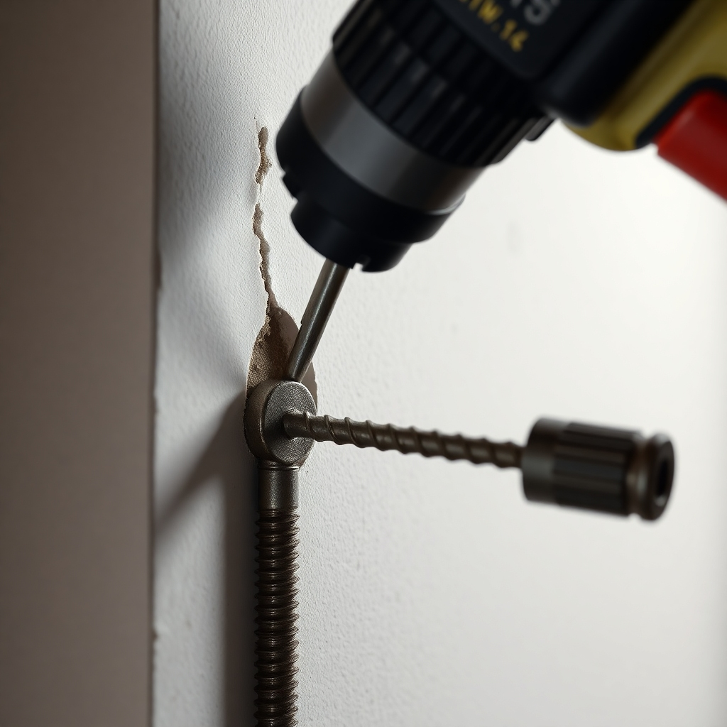 A detailed close-up photorealistic image depicting someone carefully drilling a hole into a wall using a power drill, then inserting a sturdy nail or screw.  Show the drill bit, the wall, the nail, and a clear depiction of the correct technique, emphasizing safety and precision. The image should have professional lighting and a clean background.
