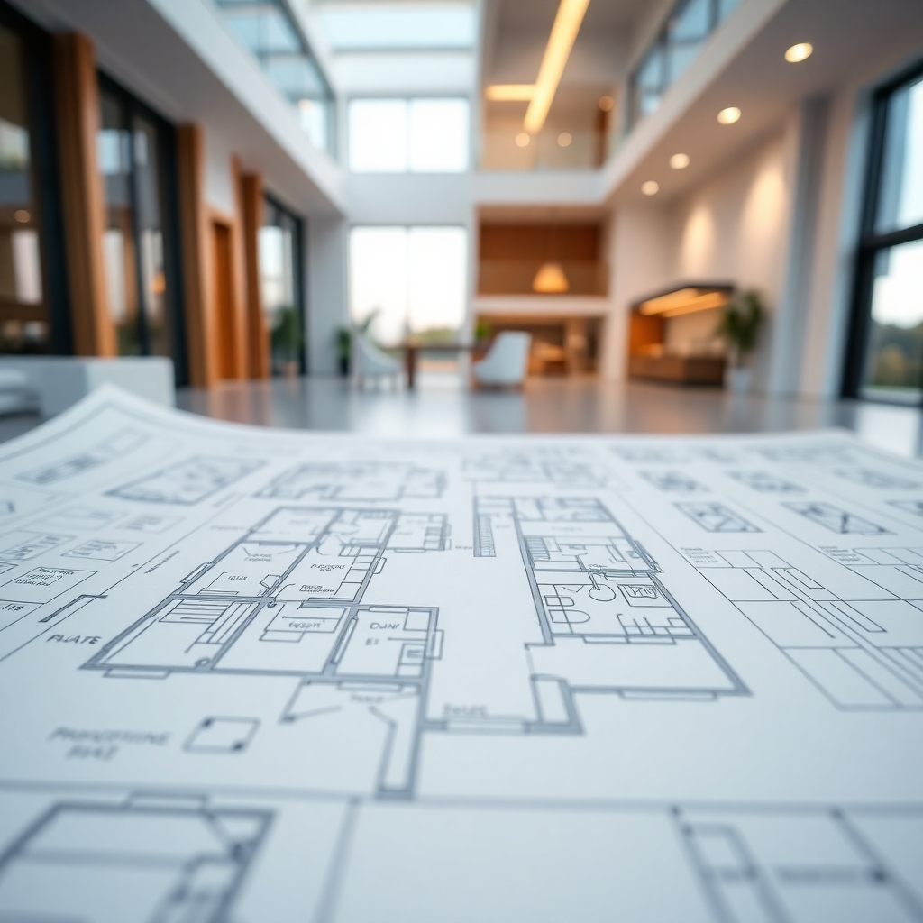 A detailed close-up shot of architectural blueprints for a modern house.  The blueprints should be crisp and clear, showing detailed plans of each floor and structural elements.  The image should highlight the precision and accuracy of the design. The background should be a clean, minimalist workspace with soft, diffused lighting.