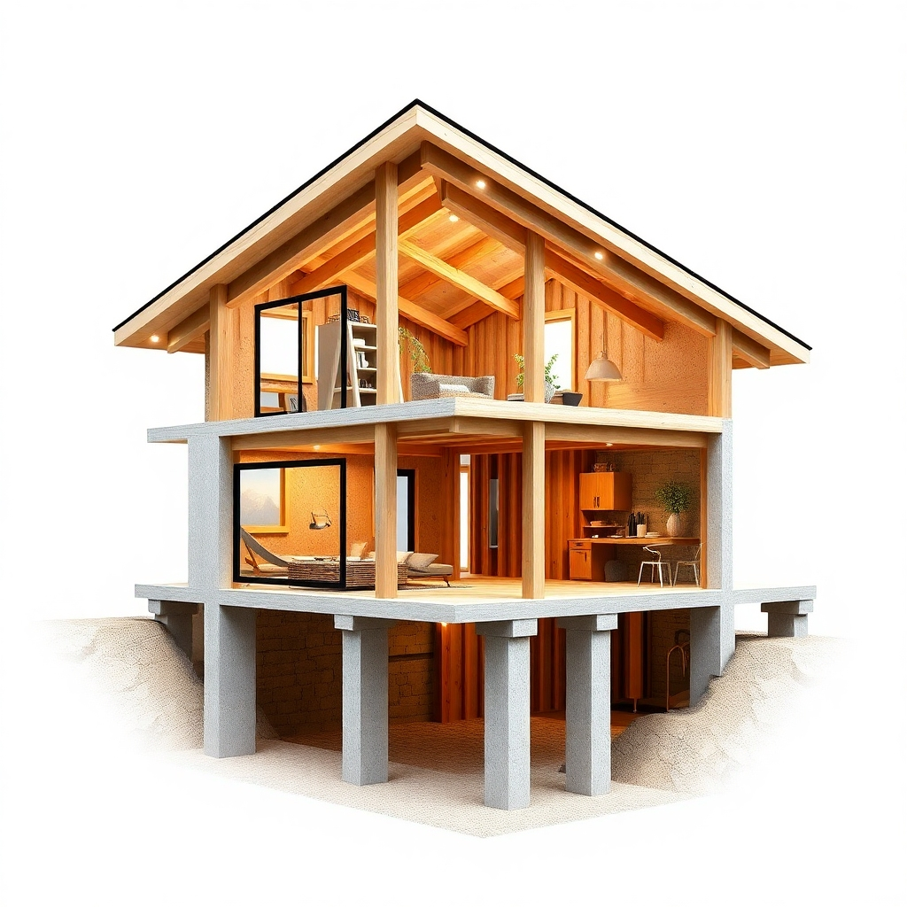A detailed cutaway architectural rendering of a modern house's structural elements. Show the foundation, beams, columns, and other key structural components in a clear and precise manner, using realistic materials and textures.  The image should be clean, informative and illustrate structural integrity.