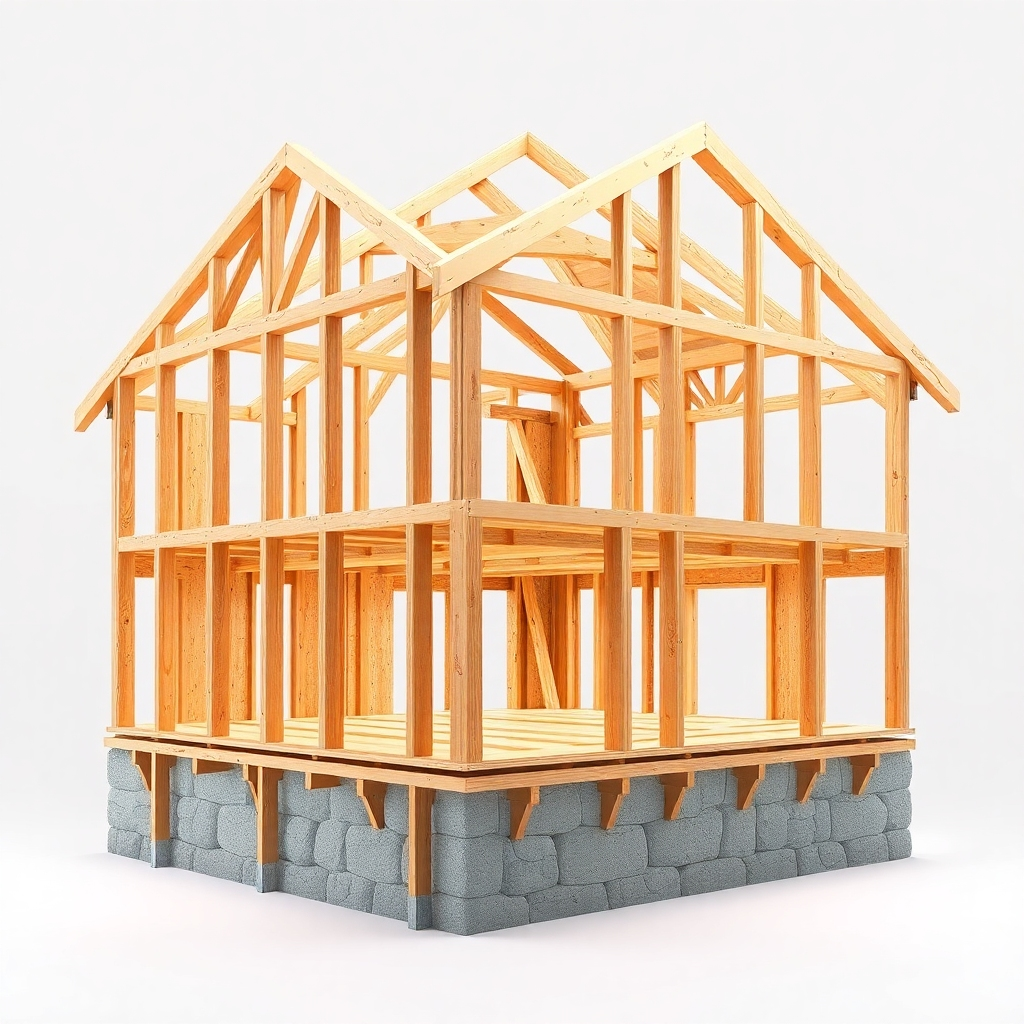 A detailed cutaway image of a house's structural frame, highlighting the beams, columns, and foundation. The image should be photorealistic, showing the materials (wood or steel) clearly. Include labels identifying key structural elements. The lighting should be bright and even, illuminating all the details of the construction.  The style should be realistic and technical, emphasizing accuracy.