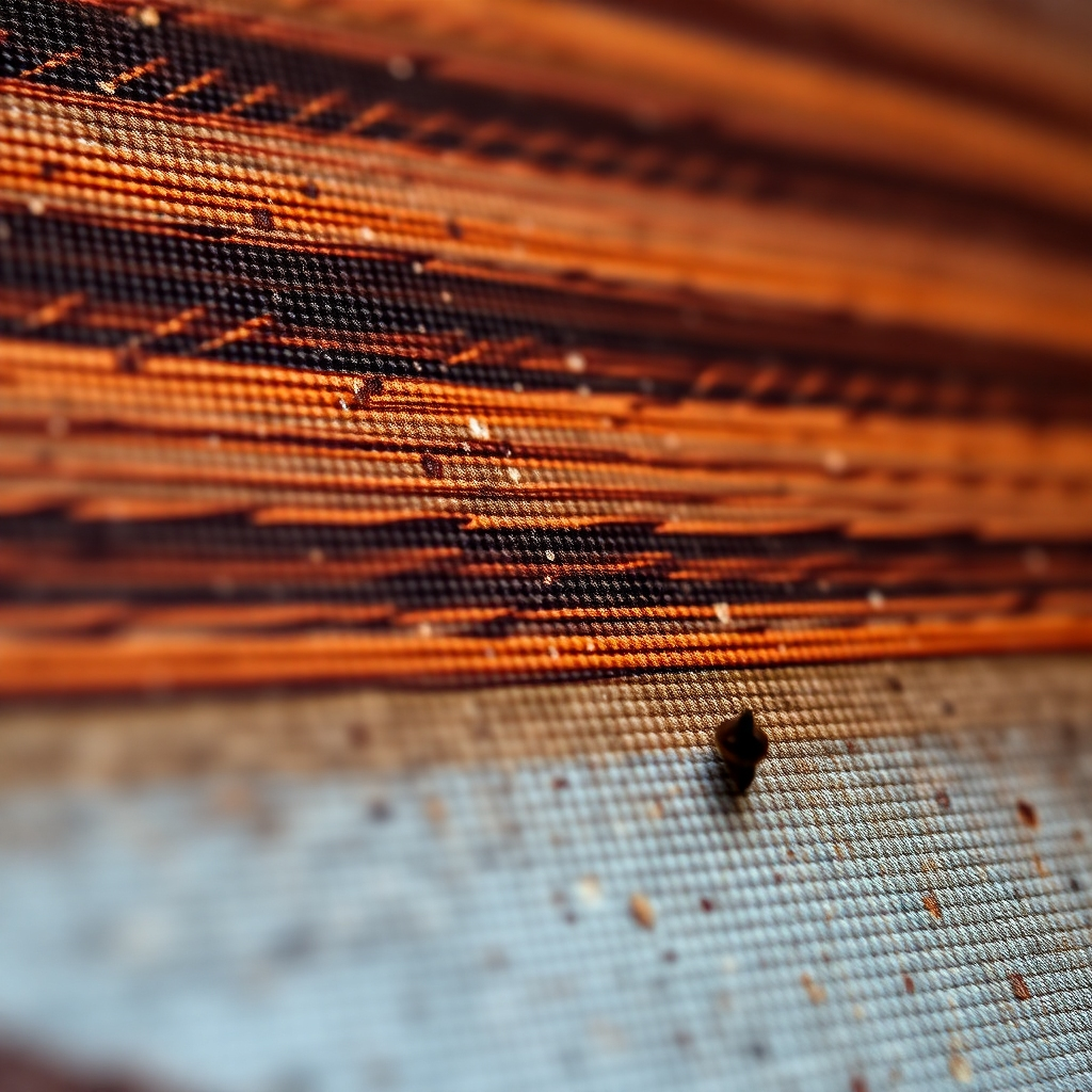 A detailed macro shot of a UV printed image on canvas, focusing on a section with intricate details like fine lines or textures. The image should be exceptionally sharp, revealing the minute details of the print. The lighting should highlight the texture of the canvas and the sharpness of the print.  Include a small scale in the image to show the level of detail.