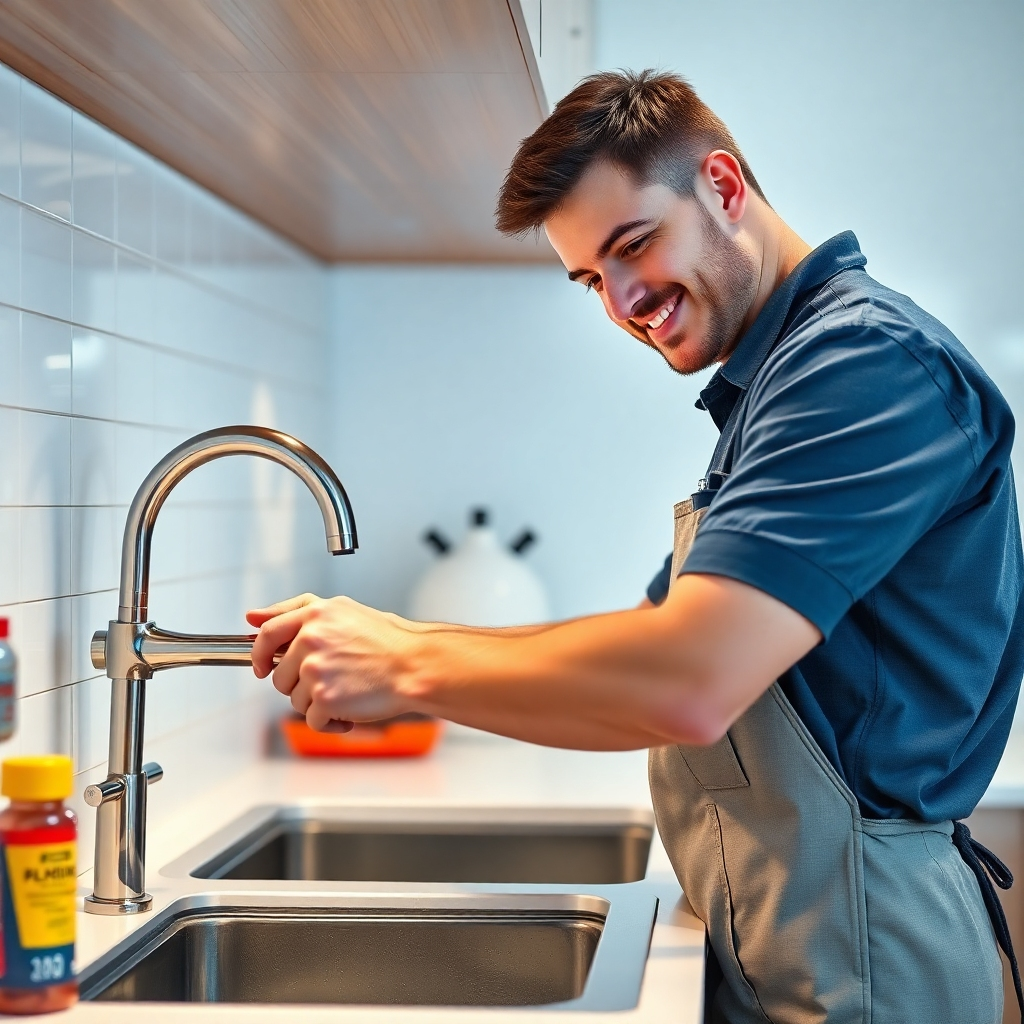 A detailed photorealistic image showing a professional maintenance worker expertly repairing a kitchen faucet in a clean, modern kitchen.  The worker should appear friendly and efficient, with tools neatly organized, conveying a sense of trust and reliability. The overall scene should be brightly lit and meticulously clean