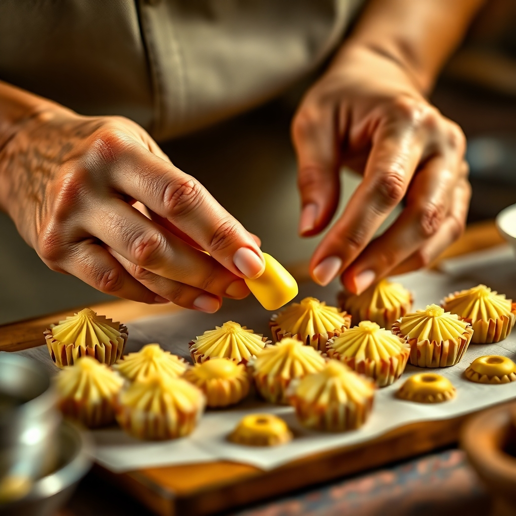 A detailed photorealistic image showing the hands of an experienced artisan meticulously preparing traditional Thai desserts. The image should focus on the intricate steps and traditional techniques involved, highlighting the care and skill required.  Warm lighting and a focus on the details of the process are important. High resolution, photorealistic style.