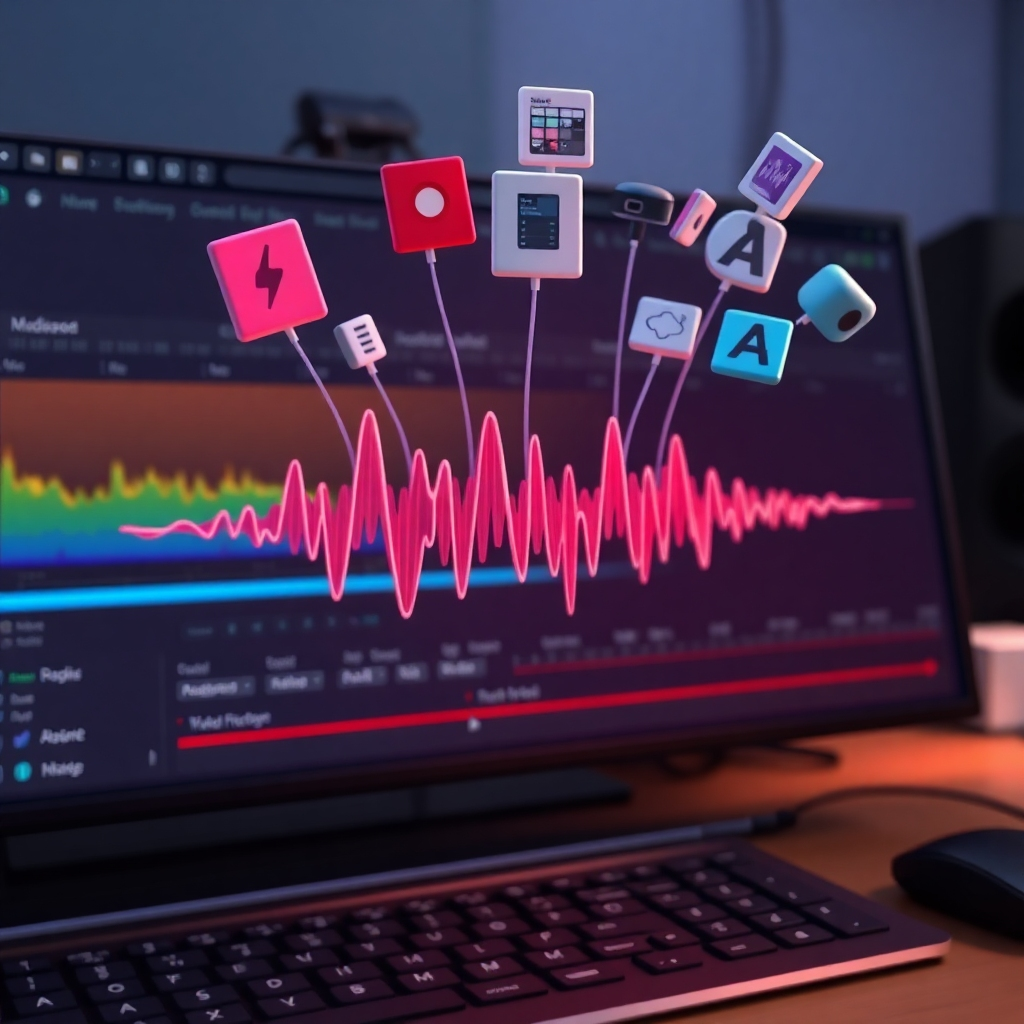A digital artist's rendering showing a sound wave being manipulated like clay, with various editing tools hovering around it. The setting is a digital workstation. The style is user-friendly and intuitive, 4K resolution.
