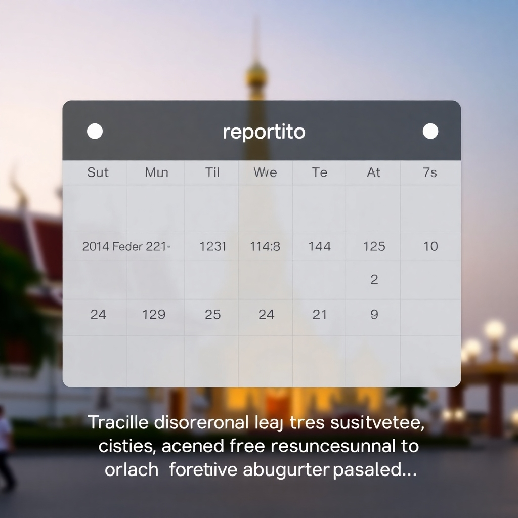 A digital representation of a calendar with the 90-day reporting deadlines clearly marked. The background is a subtle image of a Thai landmark, such as the Grand Palace. The lighting is informative and reassuring, emphasizing the importance of meeting the deadlines. Style reference: Minimalist calendar app meets travel guide.